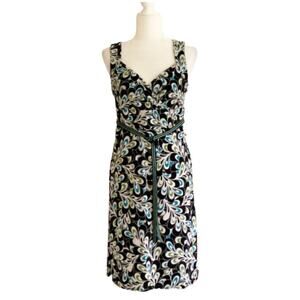 LOFT Dress Brown Blue Green Floral Sleeveless Ribbon Belted Dress Size 6
